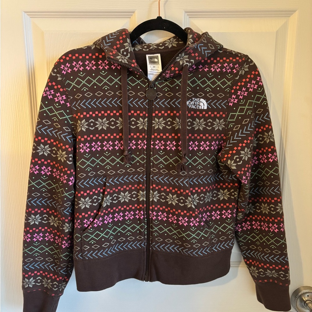 The North Face Brown Hoodie with Pink and Blue Accents